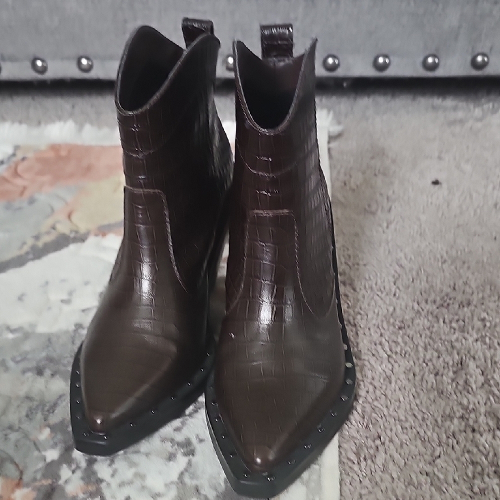 Brown Leather Western Ankle Boots